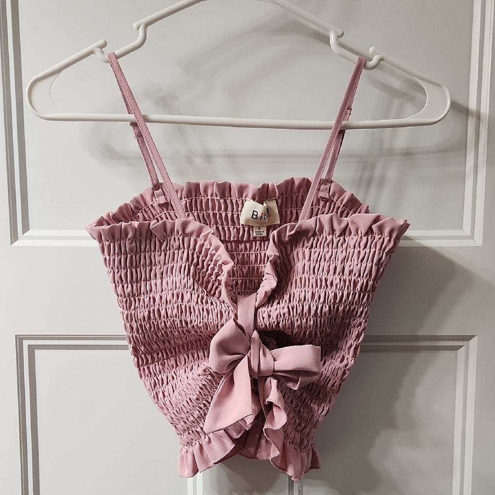 NWOT Bibi Pink Smocked Top with Bow - S